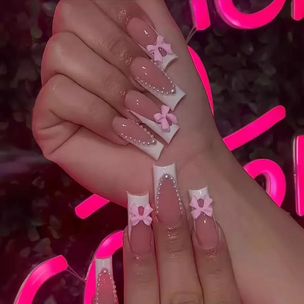 

24PCS Simple and Fashionable White French Style Wearable Nail Three-dimensional Cute Pearl Bow Nail Art Removable Fake Nails