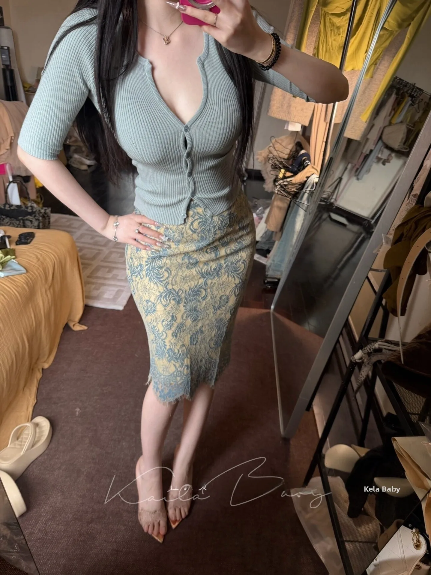 

High Waist Lace Knitted Short Sleeve Open Cardigan And Bodycon Skirt Two Piece Set Slimming Effect Summer Fashion Women'...