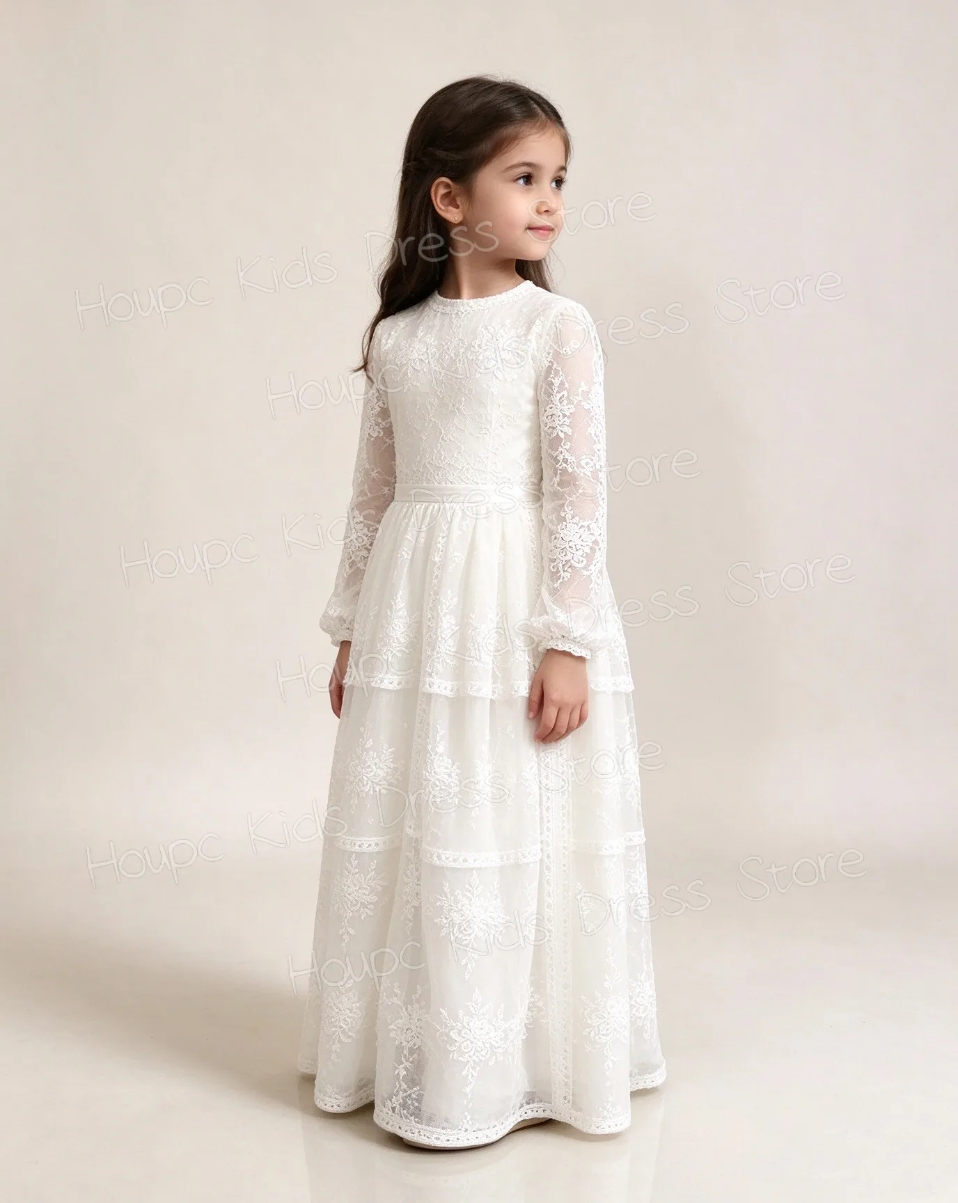Girls' White Lace Flower Girl Dress Long Sleeve High Neck Children's Multi-layer Ruffles A-line Long Dress Formal Attire for