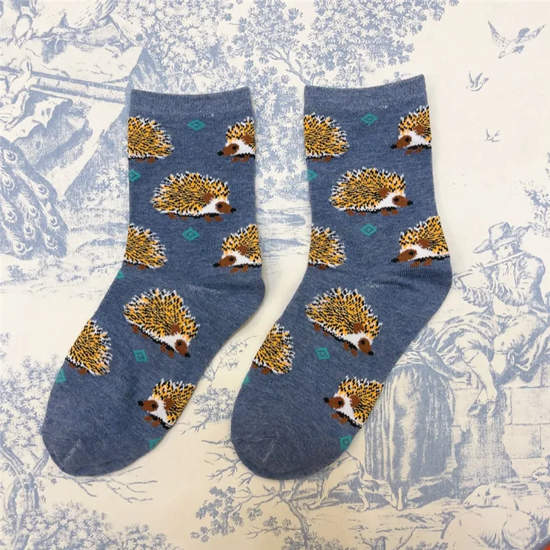 1Pair Adult Size Mid Calf Crew Cartoon Hedgehog Cottton Unisex Socks British Style Casual Harajuku Forest Animal Art Couple Fun