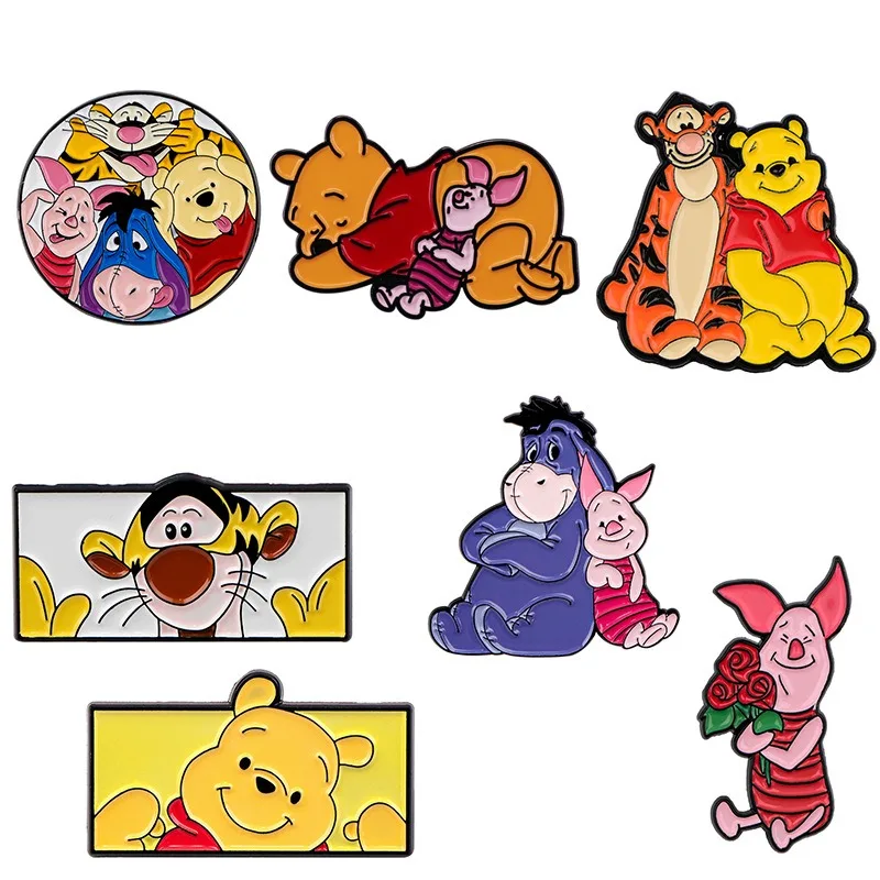 

Disney Cartoon Pooh Bear Enamel Brooch Kawaii Cute Winnie The Pooh Eeyore Piglet Tigger Anime Figures Metal Badge Lapel Pins