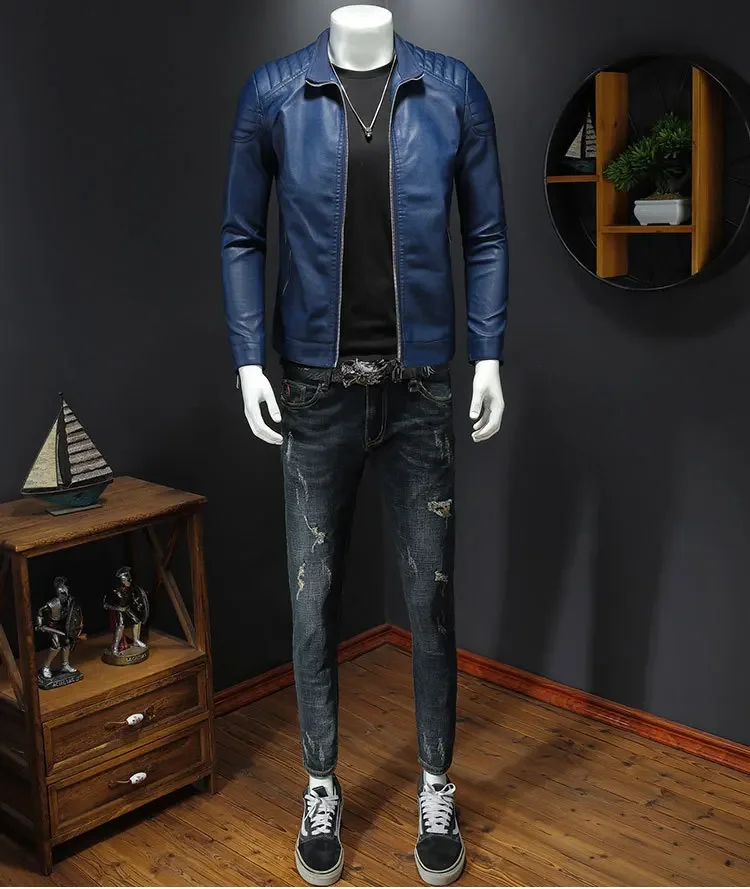 Jaqueta de couro casual com gola alta masculina, versão coreana fina, roupa de homem bonito, moda, nova, 2024