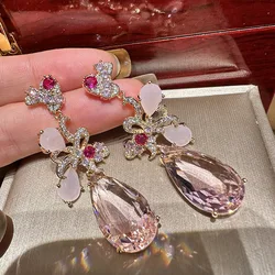 Luxurious Flowers Pistil Pink Big Water Drop Dangle Earrings for Women Jewelry Charms Gift for New Year 2023