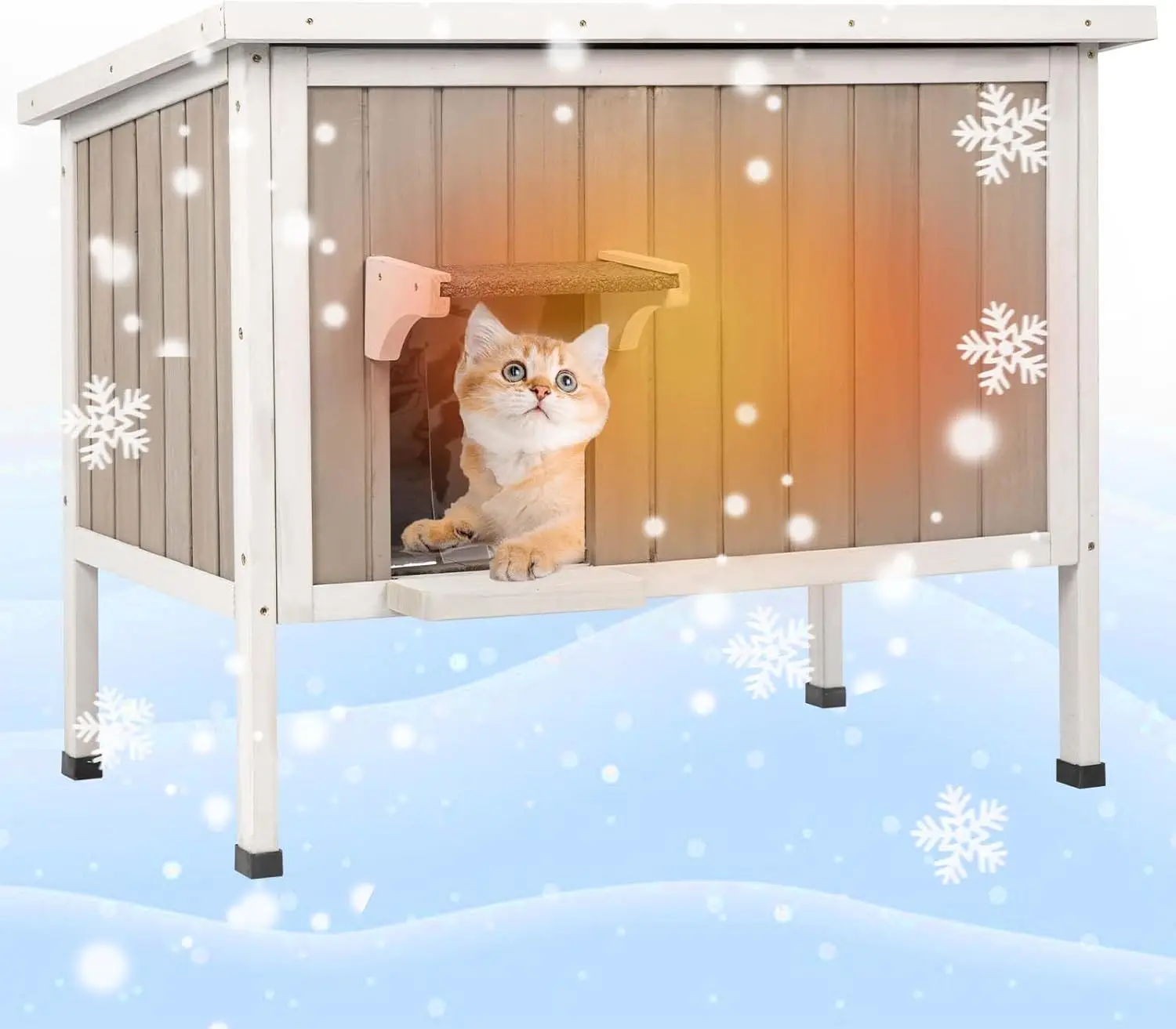 All-Weather Insulated Outdoor Cat House with Escape Door - Foam Thermostatic Weatherproof Outside Wooden Feral Cat House for