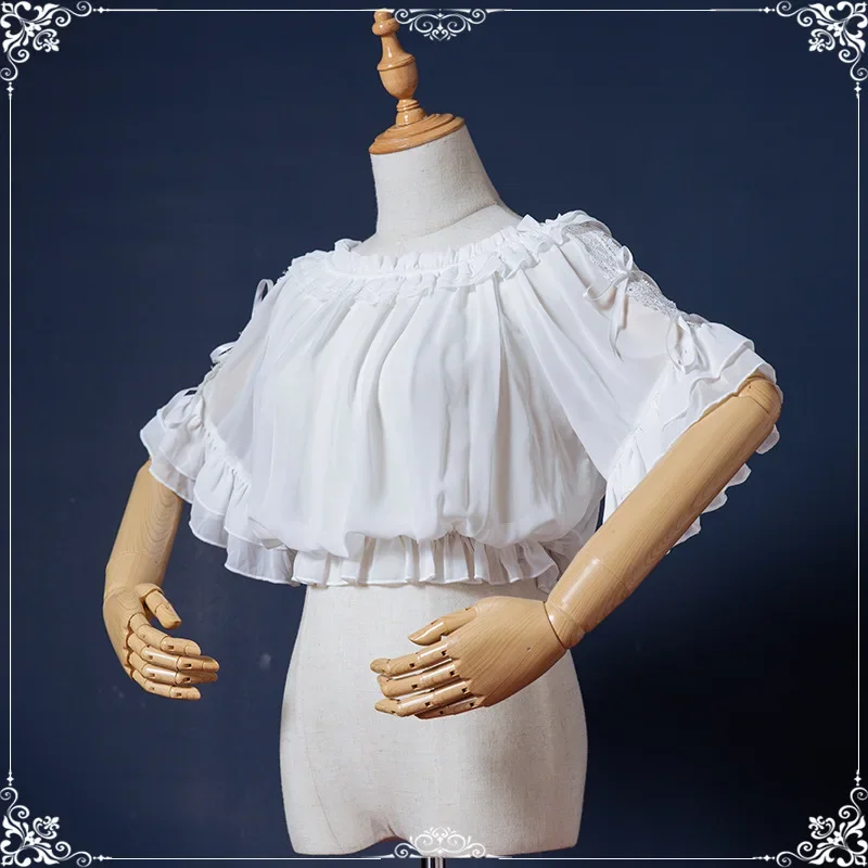 Japanese Original Lolita Inner Shirt Girly Bow Lace Off-Neck Ruffle Sleeve White Y2k Top Female Loose Elegant All-Match Blouse