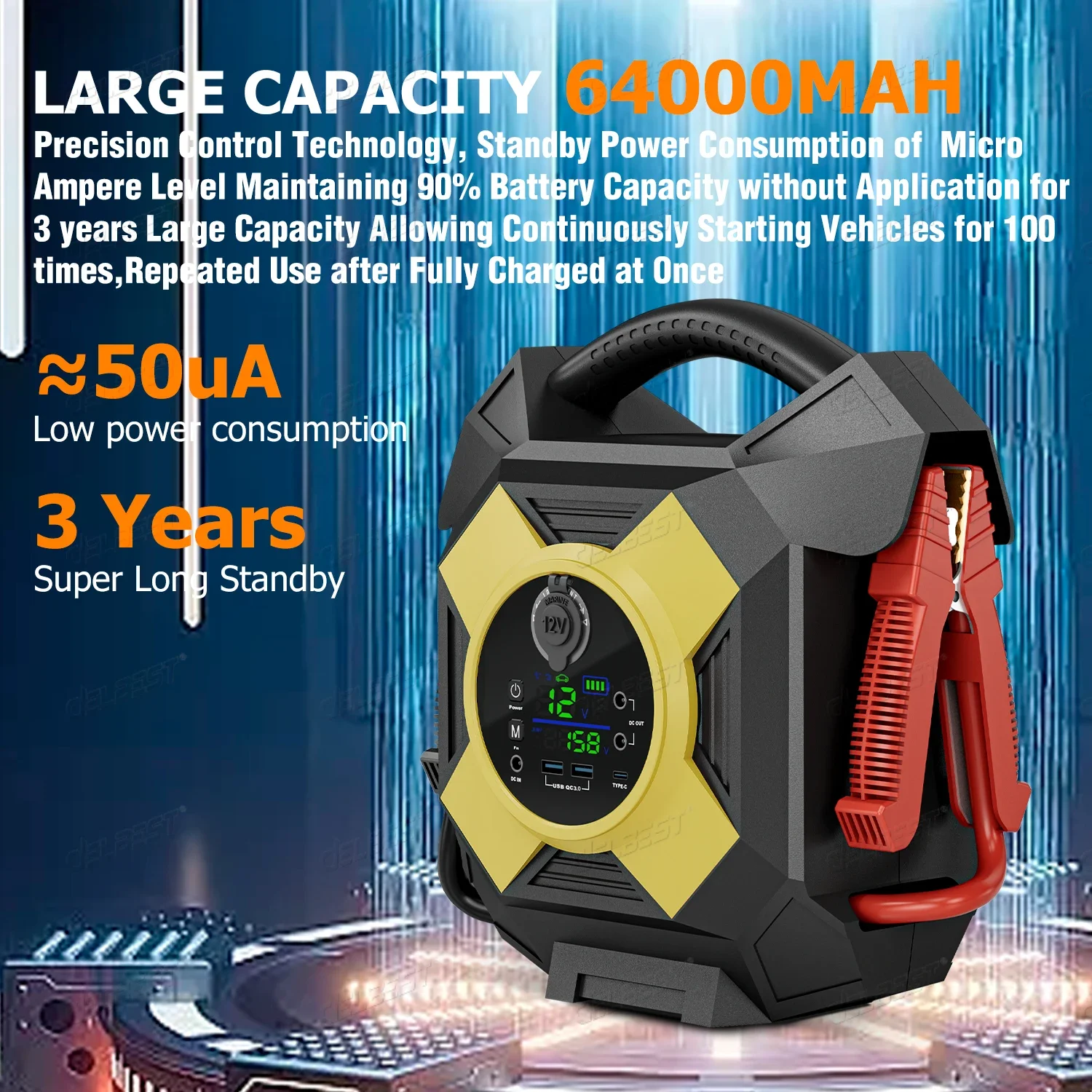 الصناعية 64000mAh سيارة الانتقال كاتب مع 30000A الذروة الطاقة PD 36 واط نوع C QC 18 واط USB تيار مستمر 12 فولت 10A منافذ لمركبة الطوارئ