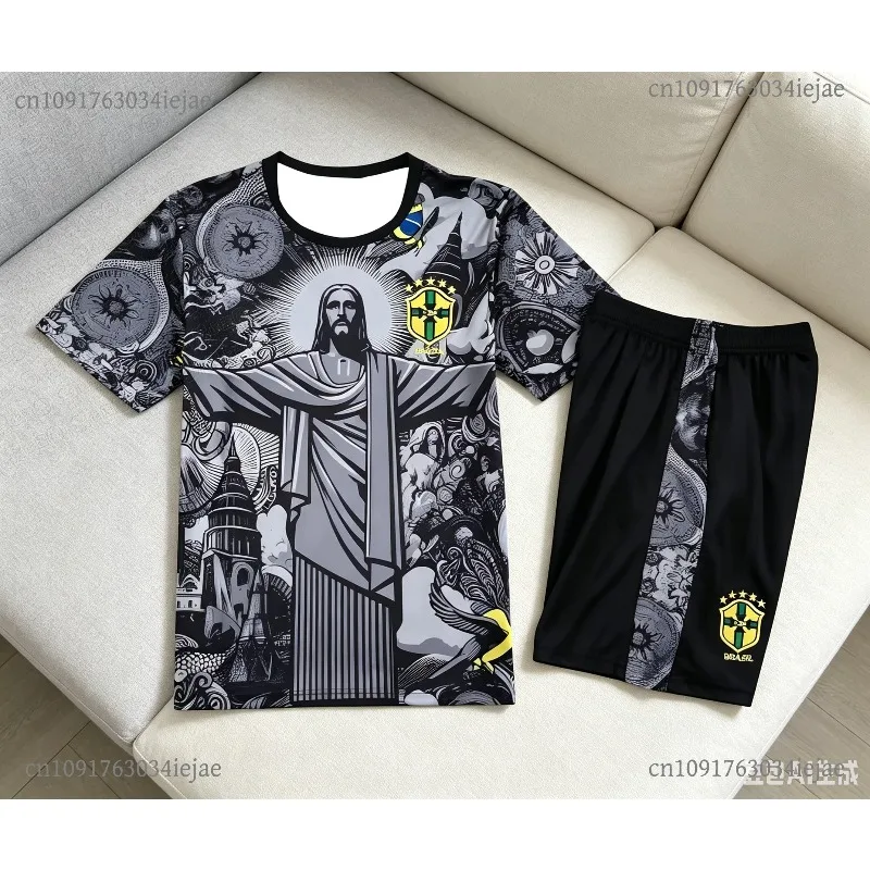 2026 Streetwear 2 Piece Set for Adults and Kid Brazil Christ The Redeemer Short Sleeve T Shirt Shorts Summer Football Tracksuit