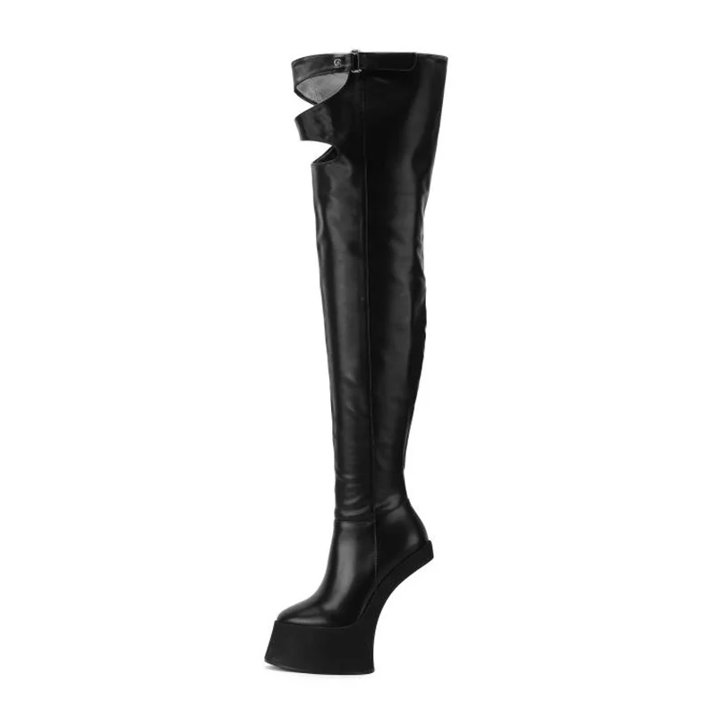 Damen-Stiefel mit Ausschnitten über dem Knie, Plateau-Keilabsatz, oberschenkelhohe lange Stiefel, seitlicher Reißverschluss, Schnalle, modische Nachtclub-Schuhe