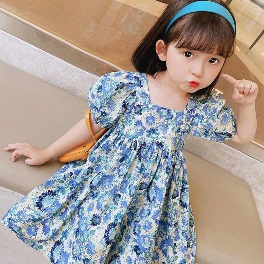 Bear Leader Girls' Dress 2023 New Children's Square Neck Bubble Sleeve Flower Print Dress Children's Sweet Princess Dress