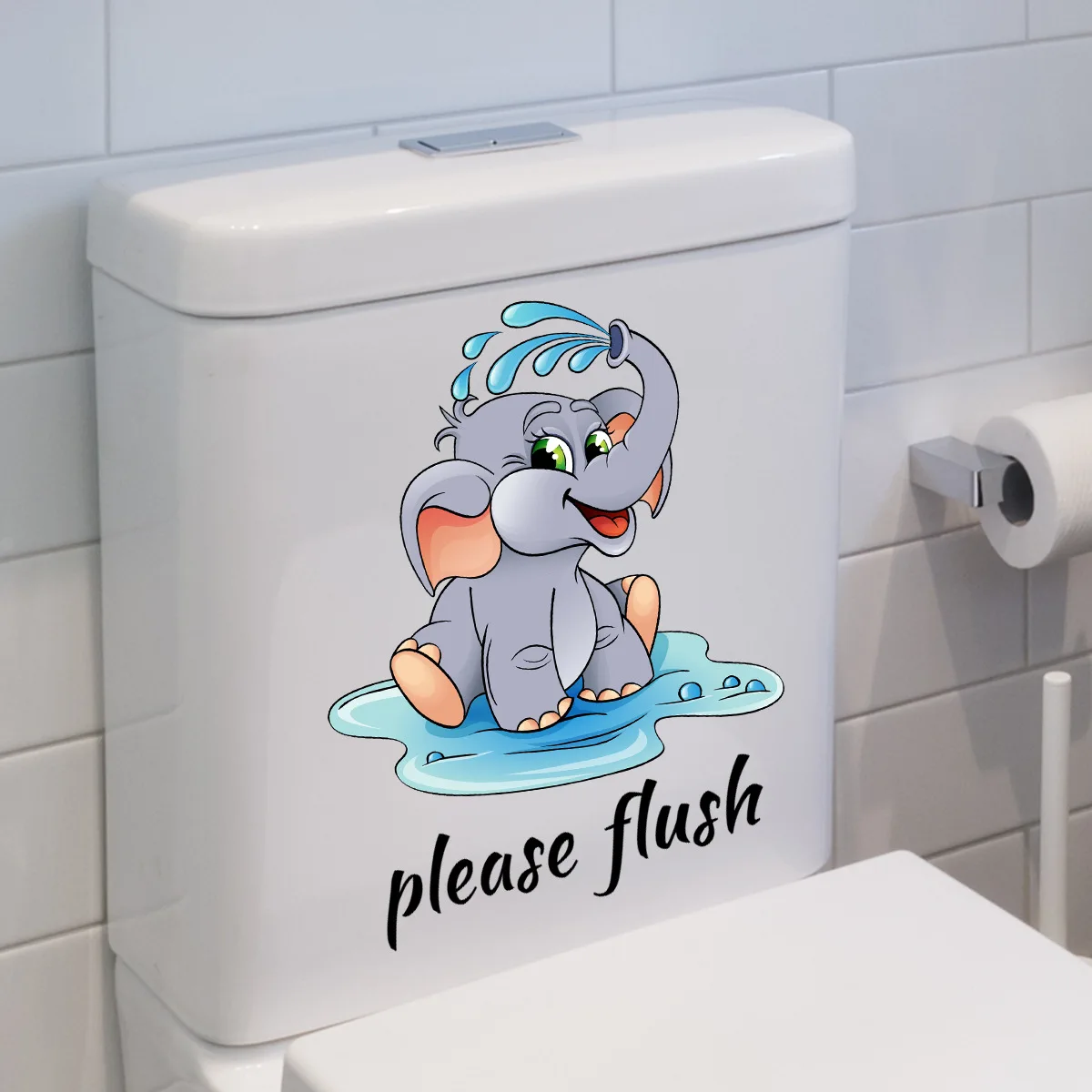 T242# Cute Baby Elephant Please Flush Toilet Sticker Bathroom Toilet Cover Wall Stickers Animal Wc For Home BathRoom Decoration