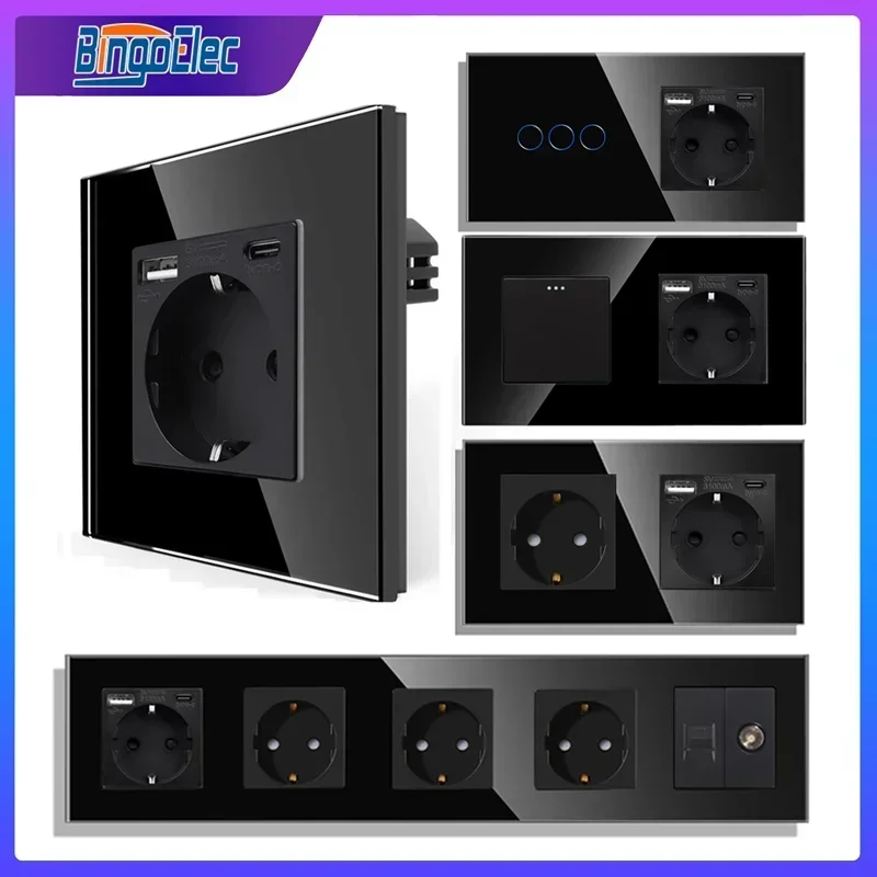 EU Standard Wall Socket with USB Type-c Light Switch Black Crystal Glass Panel Interruptor Outlet with TV network CAT6 interface