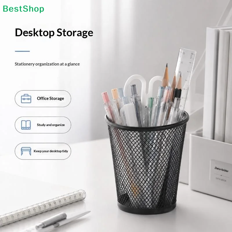〔Z〕Black Metal Mesh Pen Holder, Round Square Pencil Cup Desk Organizer, Desktop Stationery Storage Container for Office Home
