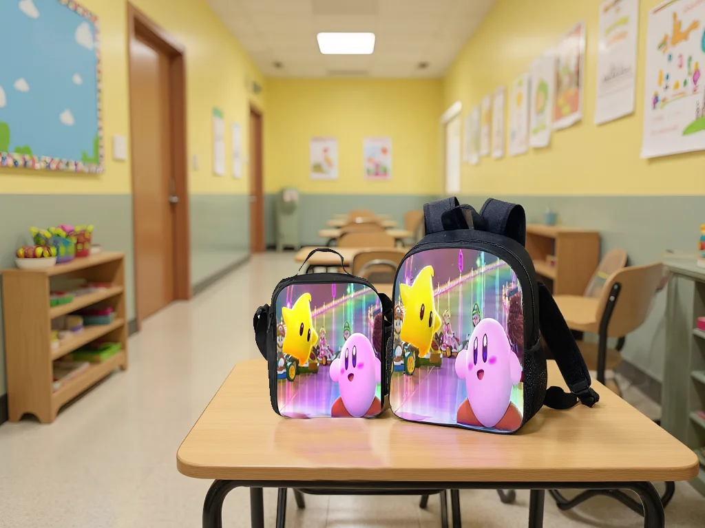 

Boys Girls Kirby Classic Backpack and Canvas Cartoon Thermal Bag 2Pcs Set-Multifunction Lightweight Rucksack for Kid