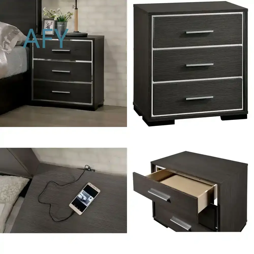 Solid Wood Modern Nightstand for Warm Gray Bedroom Furniture with Sleek Chrome Trim Insert Contemporary Bedside Table for