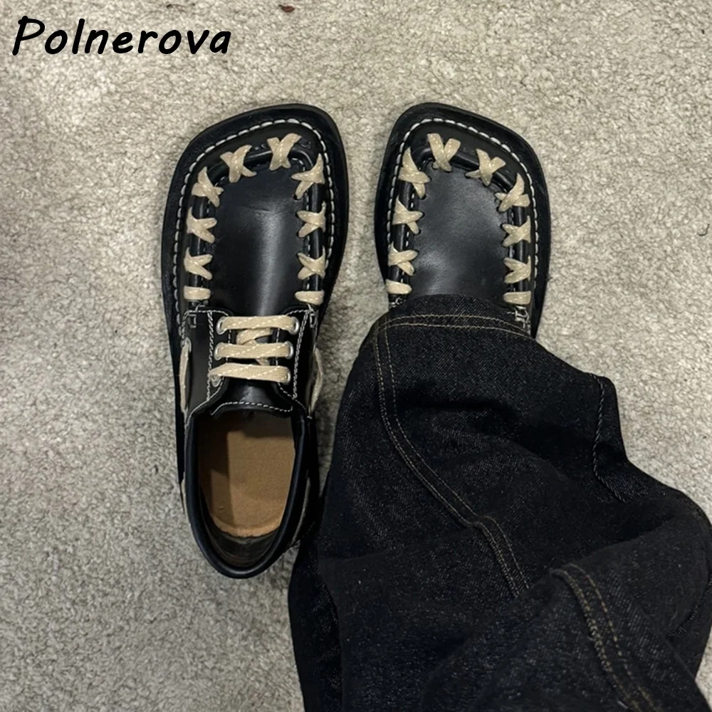 خليط عبر تعادل مضخات الخياطة الدانتيل يصل ساحة تو شقة مع أحذية سوداء بنية المرأة جلدية موضة أحذية الربيع 2025