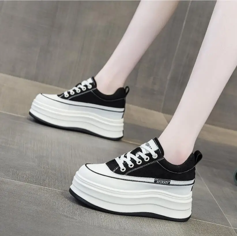 Women's Leather Platform Shoes Casual Wedge Sneakers 8cm 10cm Heel Lace-Up Comfortable Footwear