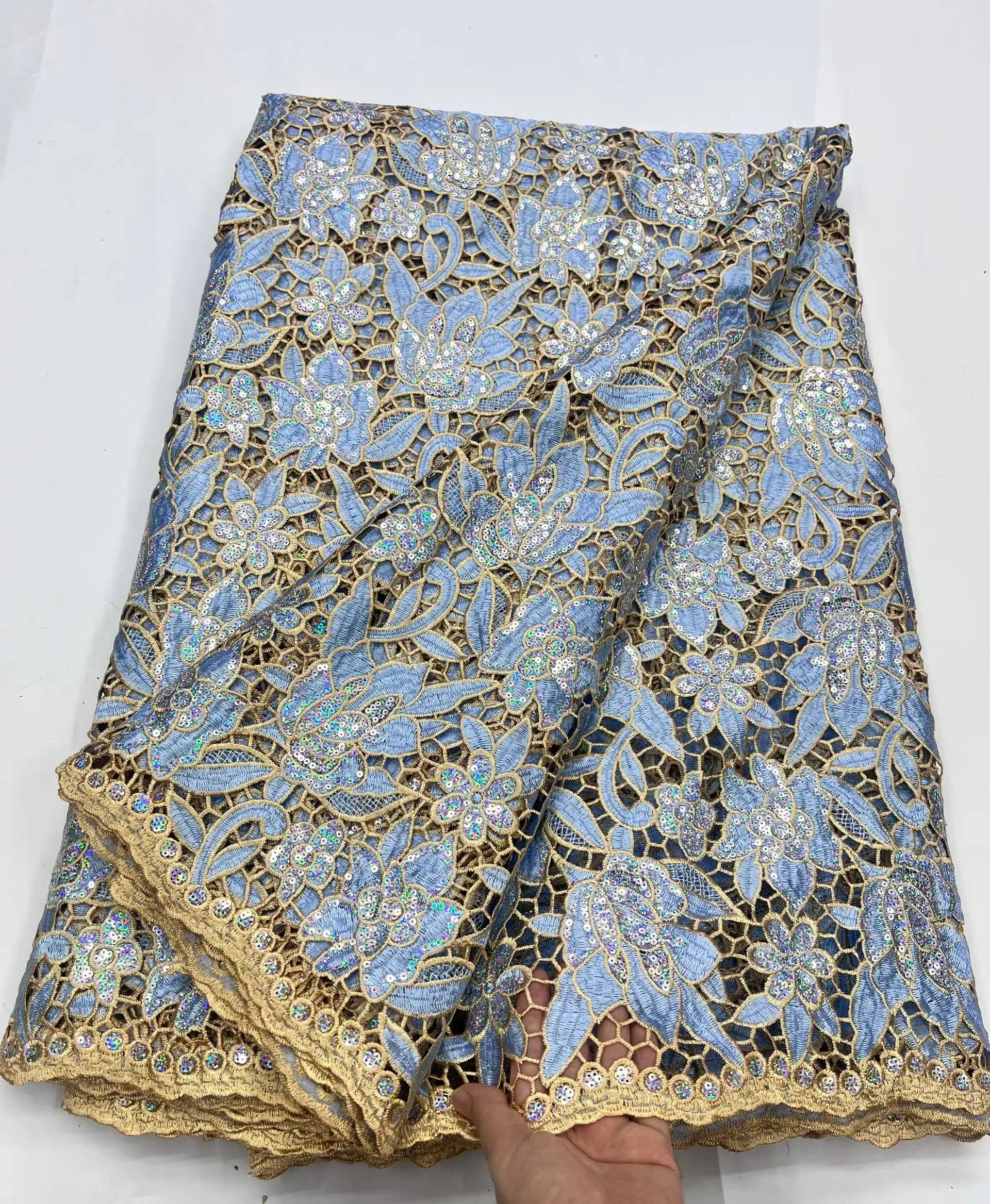 African Milk Silk Cord Lace Fabric 2025 High Quality Lace With Sequin Water Soluble Nigerian Guipure Cord Lace For Wedding Dress