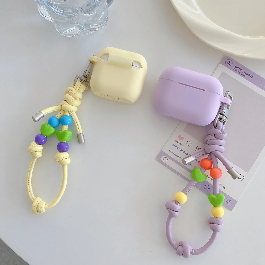 Dopamine Solid Color Soft Silicone Colorful Beaded Faux Leather Lanyard Earphone Cover Case for AirPods 1 or 2 3 4 5 Pro 2 Pro 3