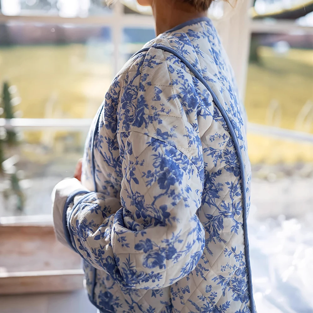 เสื้อแจ็คเก็ตผ้าฝ้ายทรงหลวมแฟชั่นสตรีแขนยาวน้ำหนักเบาเปิดด้านหน้าพิมพ์ลายหรูหรา