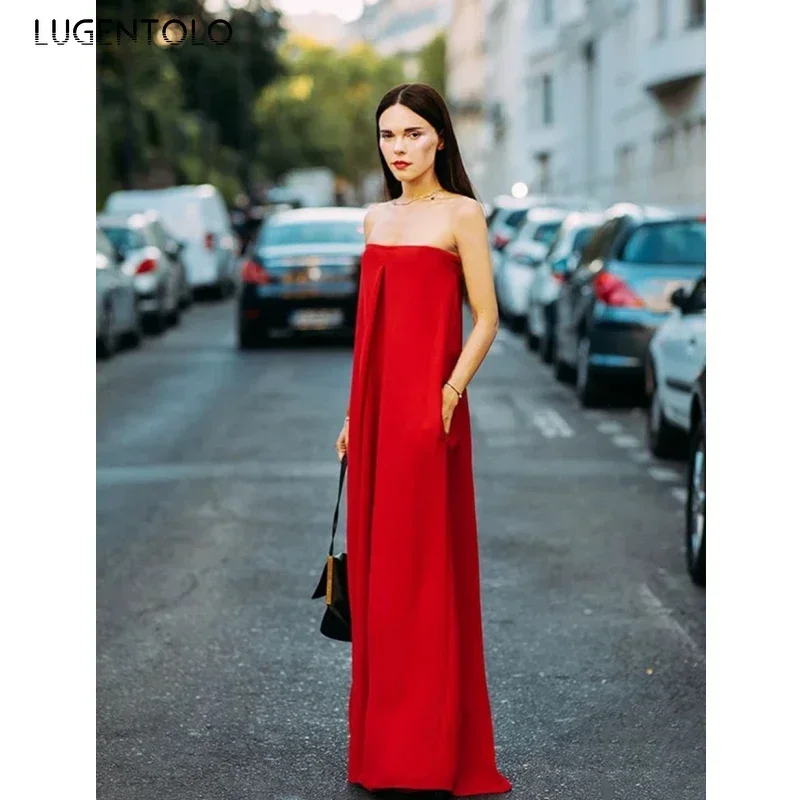 Sexy Jumpsuit Women Breast Wrap Red Summer Thin High Waist Pocket Lady Loose Elegant Wide Leg Pants Long Jumpsuits