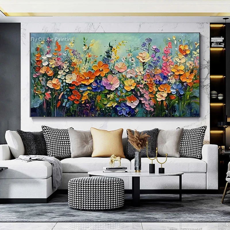 Beautiful Flowers Field Canvas Thick Oil Painting Original Popular Red Yellow Blooming Florals Wall Art Decor For Living Room