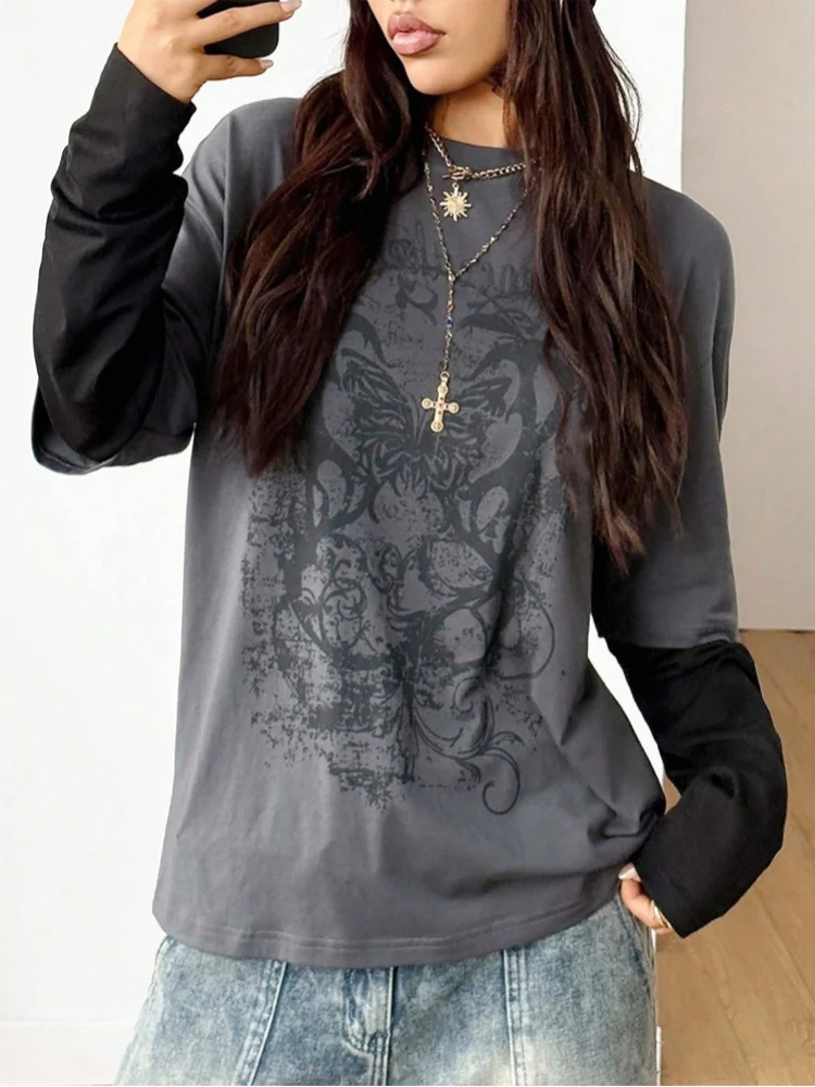 Autumn Women Y2K Grunge Butterfly Vine Print Fake Two Piece Round Neck Long Sleeve Loose Tee Casual Streetwear