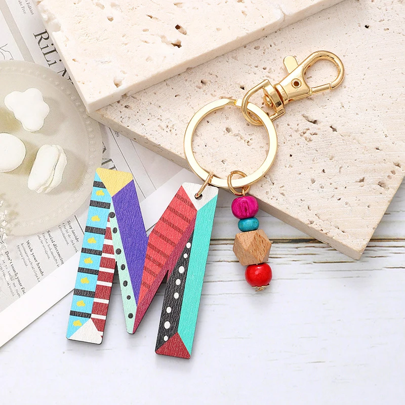 A-Z 26 Letters Wooden Trinket Key Chains Bohemian Geometric Totem Bead Pendant Keychain Jewelry Gifts to Family Couple Friends