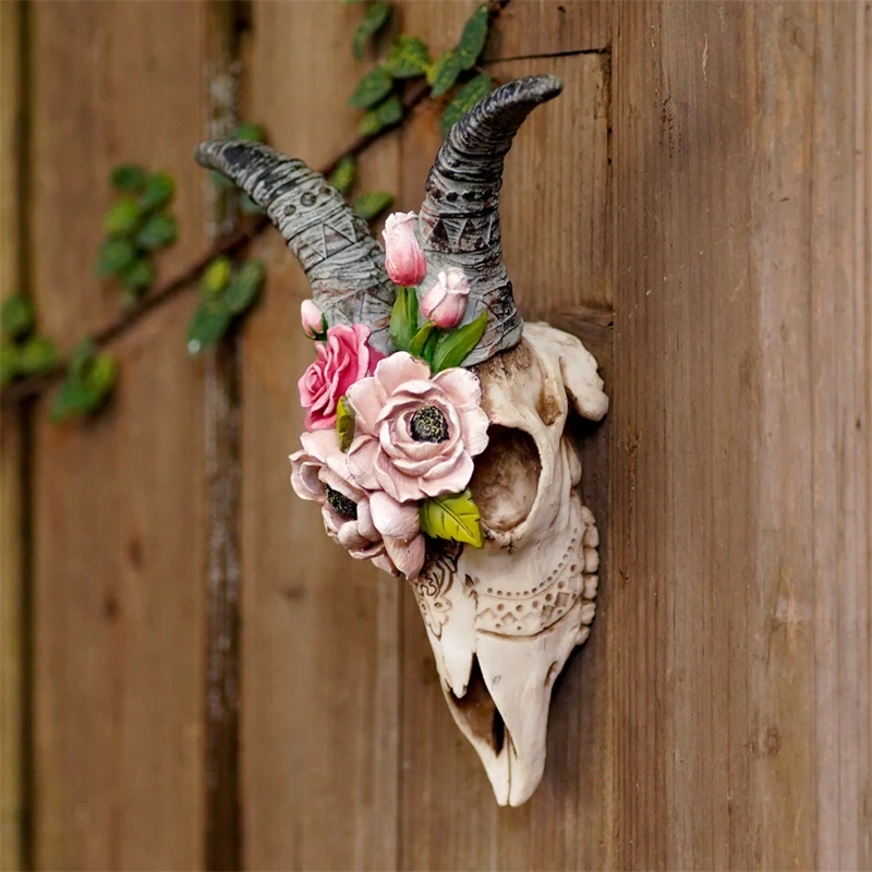 

Garden Flower Goat Skull Wall Pendant Resin Statue Animal Sheep Horns Sculpture Figurines Courtyard Decors Hanging Ornaments