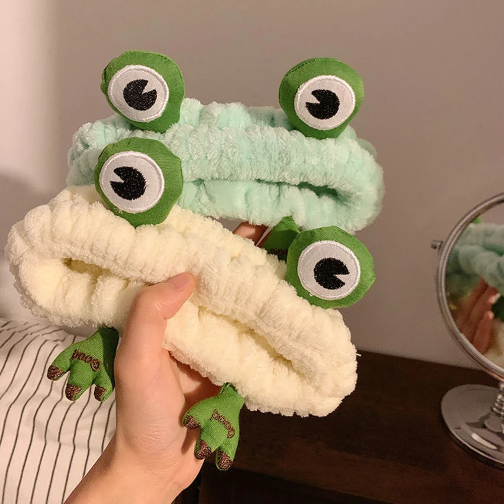 Cute Frog Big Eyes Plush Headbands Soft Coral Fleece Elastic Hair Band For Women Washing Face Makeup Cosmetic Turban Headwrap