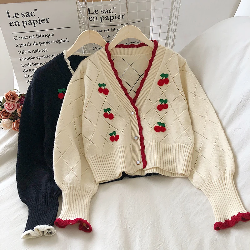 OCEANLOVE Embroidered Cardigans Knit Wear Sweet Puff Sleeve Short Mujer Chaqueta Autum Winter V Neck Cherry Sweaters Women 18958