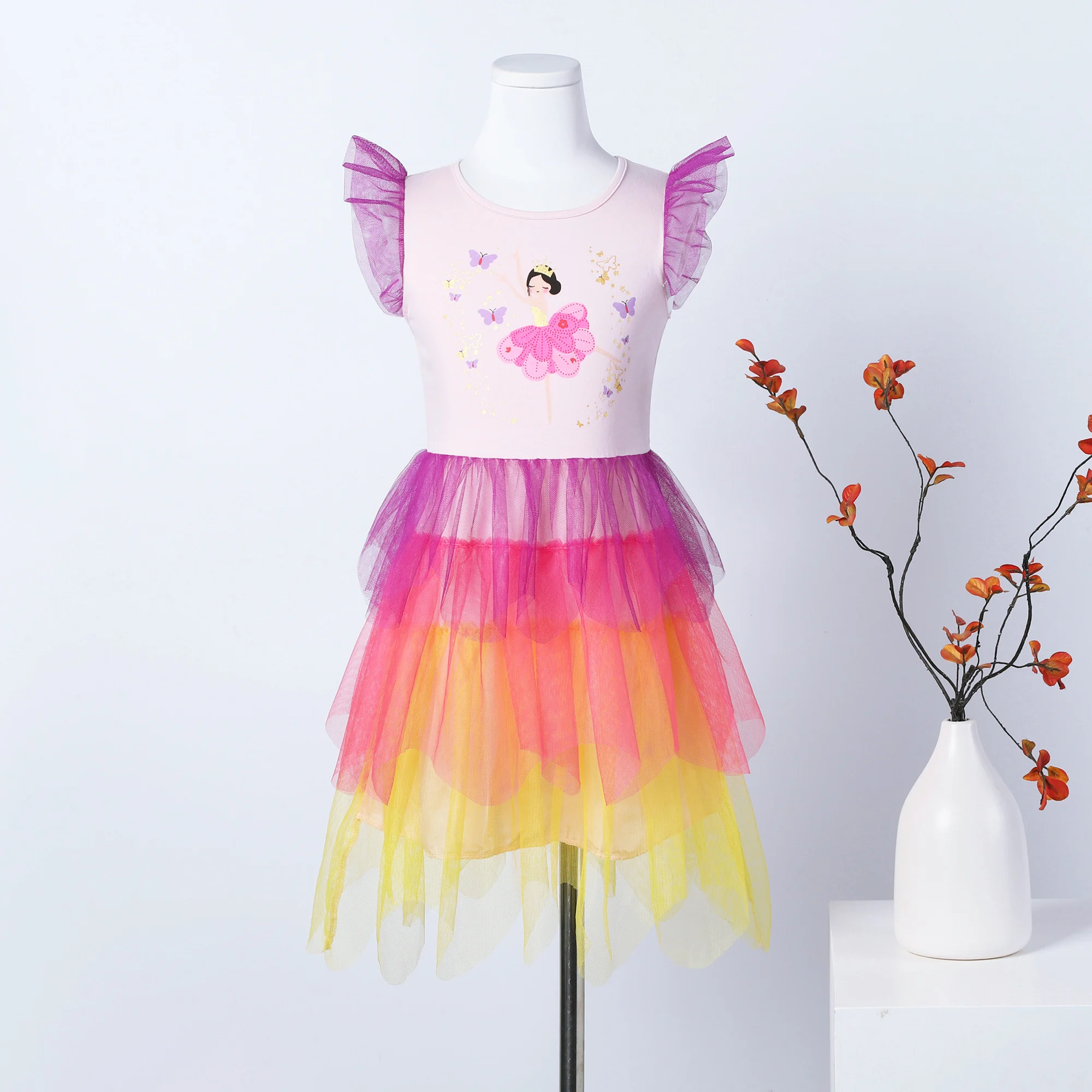 Girls Summer Ballet Dance Print Splice Mesh Skirt Dress with Fairy Wings Birthday Party Dress SH1776