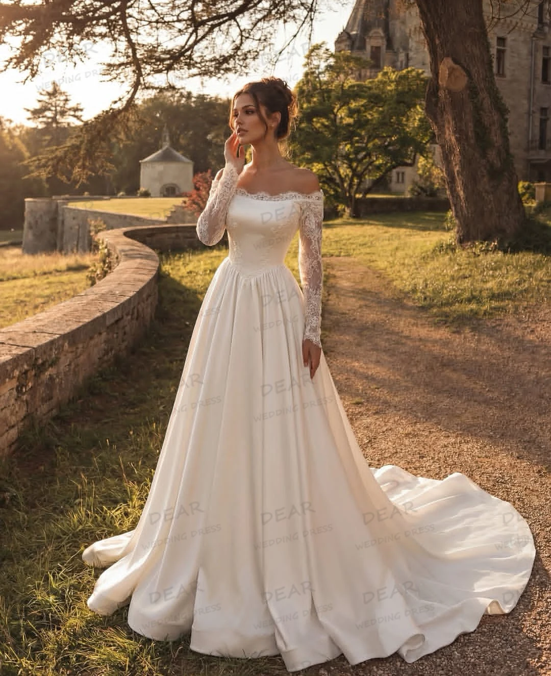 Luxury Wedding Dresses Sexy Boat Neck Women's Lace Long Sleeve A Line Bridal Gowns Party Formal 2027 свадебное платье Customized