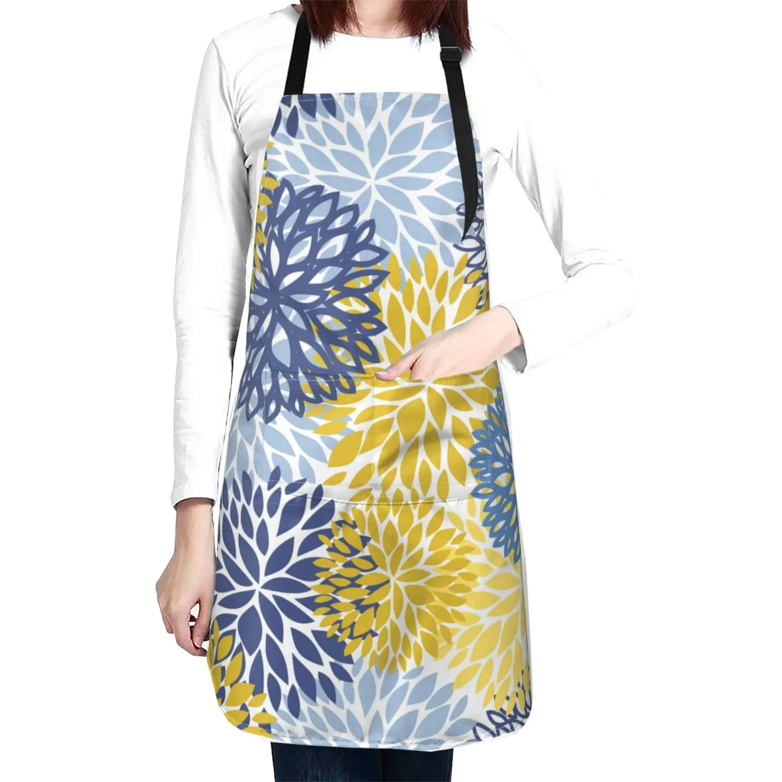 Chrysanthemum Flowers (Yellow Blue) Waterproof Apron With 2 Pockets Daisy Floral Kitchen Chef Aprons Bibs For Cooking