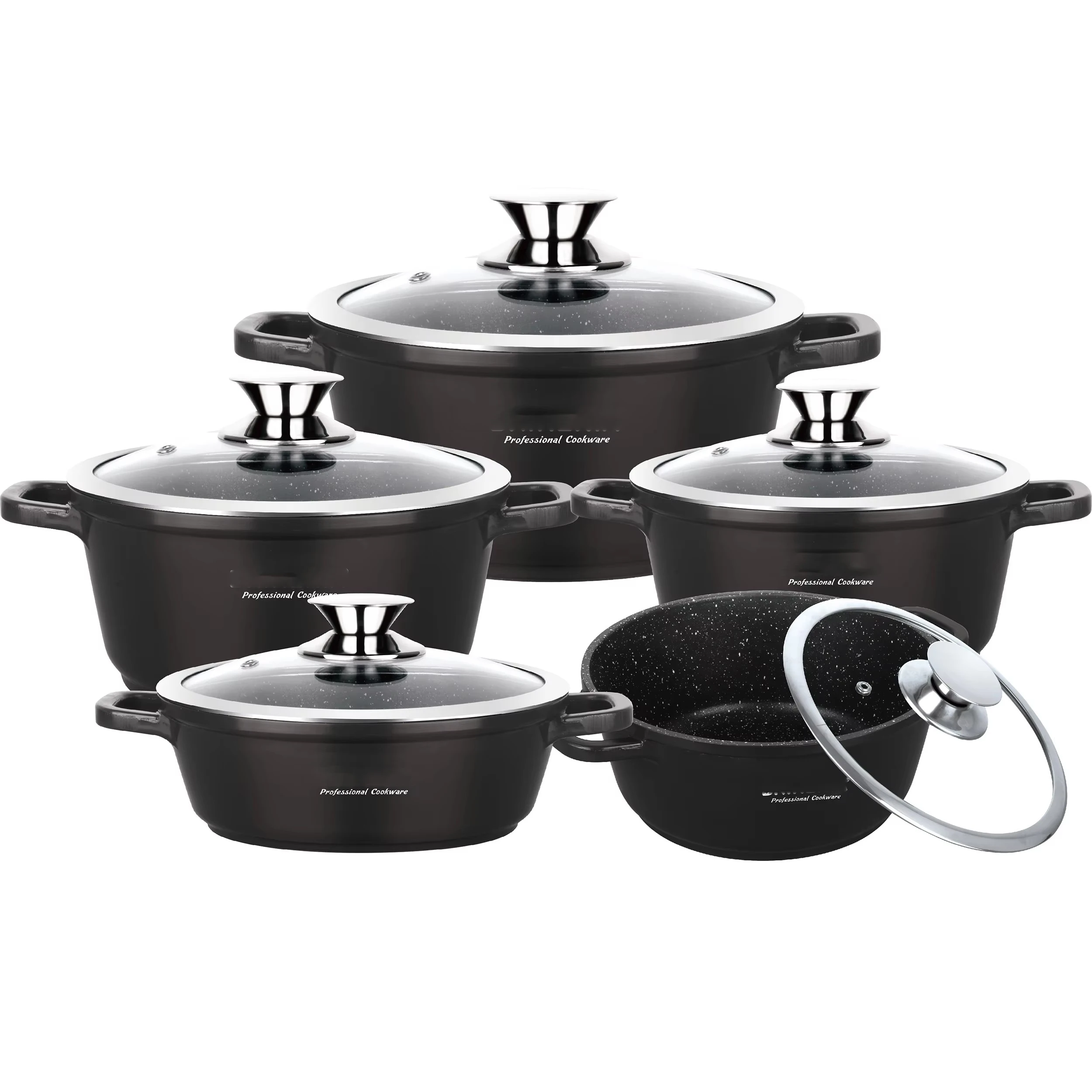 Luxury High end kitchenware 5Pcs Casseroles Non-Stick Induction Thicken Cast Aluminum Pots Set With Glass Cover