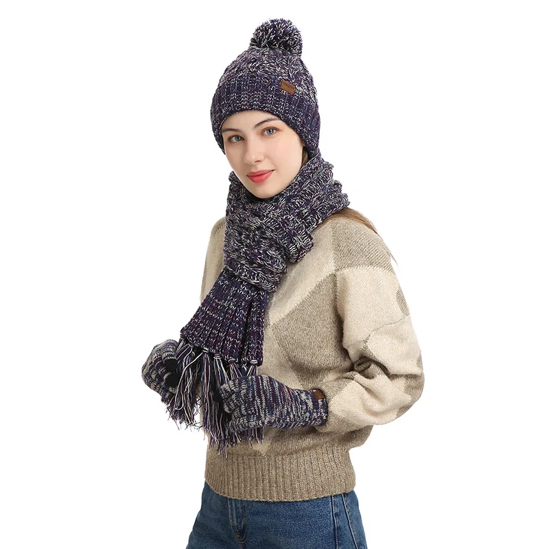 Frauen Winter warm halten Set Fleece Futter Mütze Tele finger Handschuhe verdicken Schal Wollgarn gestrickt Schall dämpfer Hut Halstuch