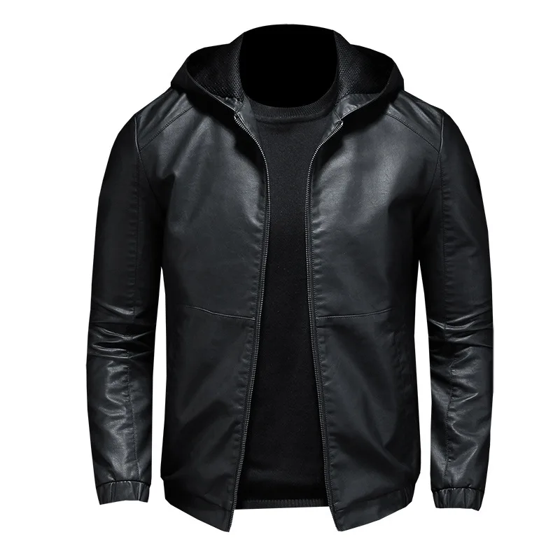 

Men's autumn and winter new slim fit Korean version hooded motorcycle jacket with plush and thick leather jacket for men's jacke