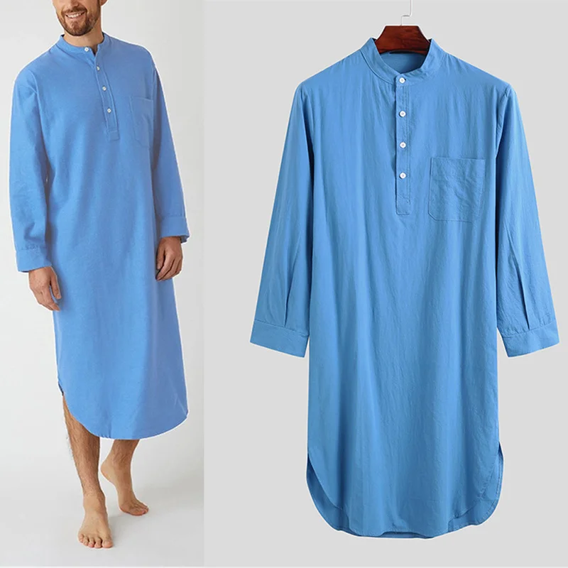 New Mens Onesie Sleep Robes Long Sleeve Solid Cotton Nightshirts Homewear Nightgown Lounge Bathrobes Men's Long Shirts Sleepwear