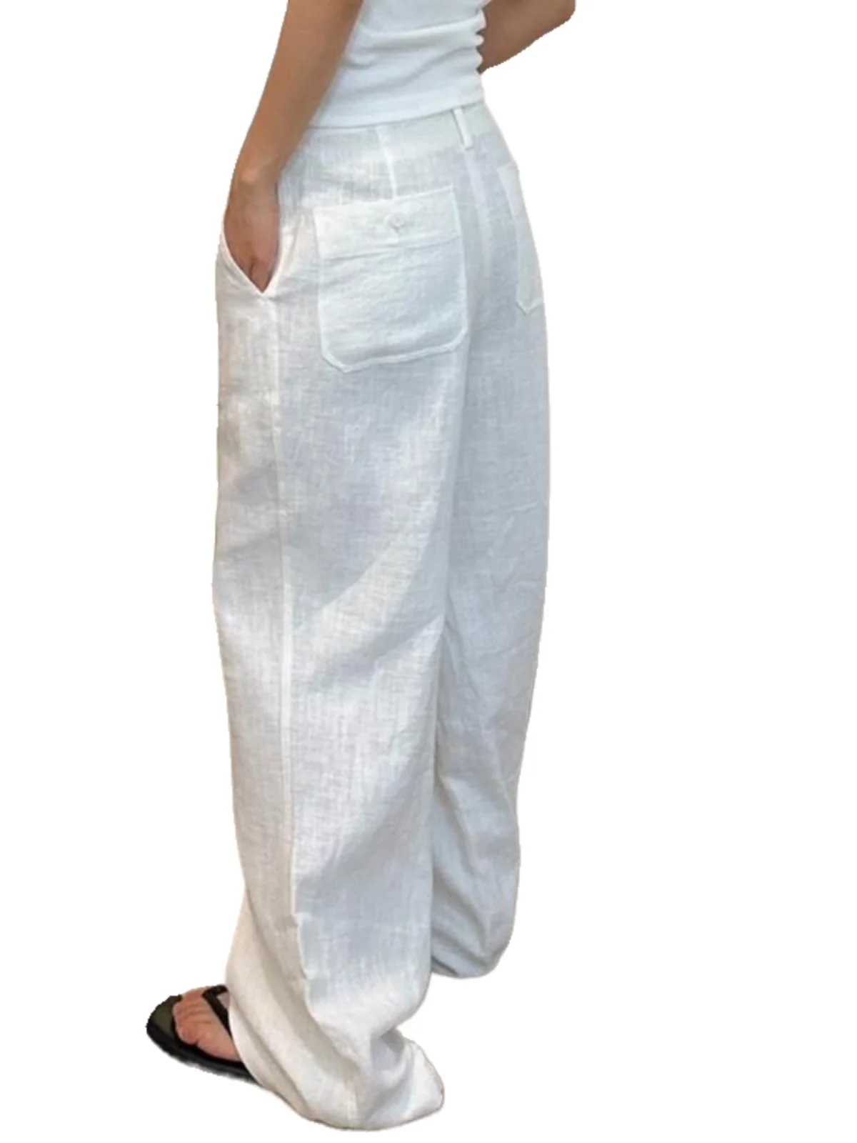 Plones de lino blancos para mujer, plones de pierna ancha informs hoados de lino y aodón fino de verano, p...