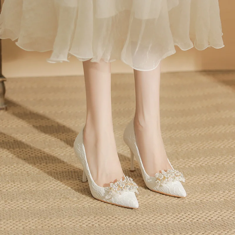 

9cm New Fashion Shallow Mouth Pumps Lace High Heels Wedding Bride Women White Shoes 41 42 43