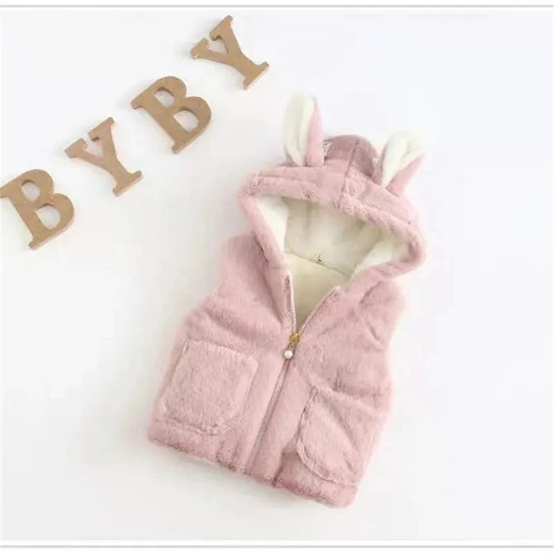 High Quality Girls' Foreign Flavor Plush Vest Winter New Children's Thickened Warm Vest Sweet Cute Style Baby Girl Hooded Vest