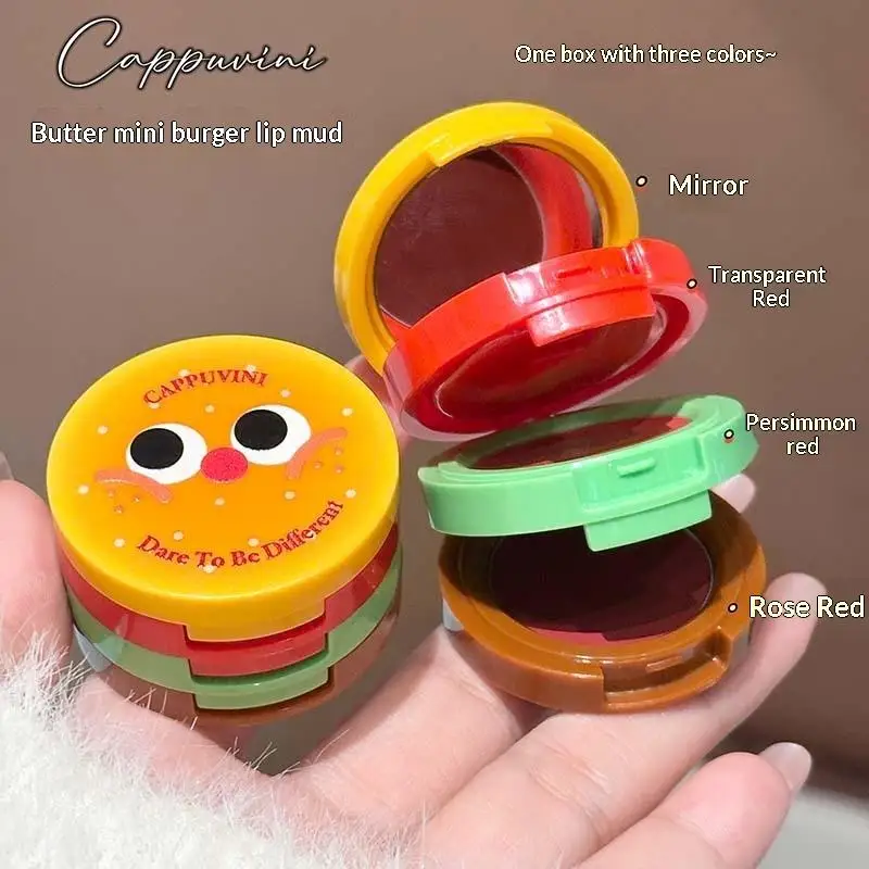 Cappuvini Mousse per labbra in velluto a tre strati - Rossetto portatile opaco dal design carino a forma di hamburger a lunga durata e non ad asciugatura per il trucco quotidiano