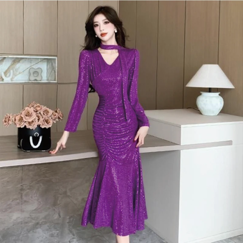 

2025 New Luxury Socialite Dinner Party Dresses For Women Long sleeve V-neck pleated Fish Tail Slim Purple elegant Long Dresses