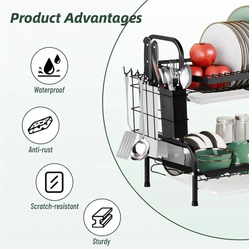 Dish Drying Rack 2-Tier Drainer Dish Drying Rack For Kitchen Dish Draining Rack With Drain Tray Stainless Steel Dish Drying Rack