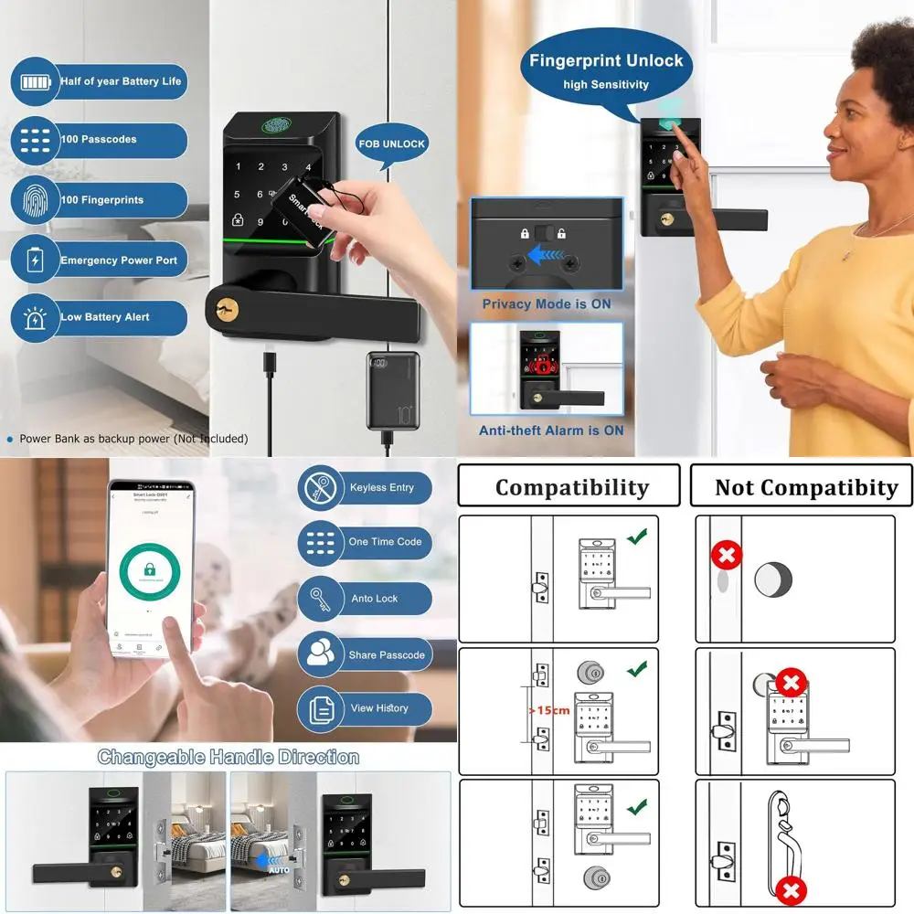 

Умный дверной замок с функцией распознавания отпечатков пальцев и клавиатурой, управляемый через приложение, для дома и бизнеса