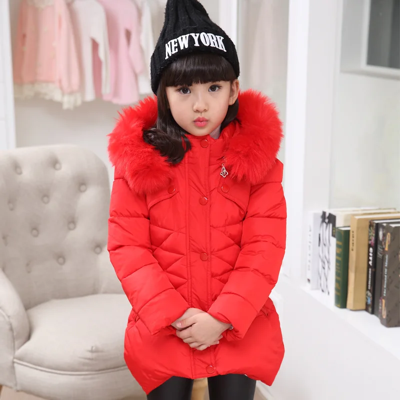 2024 Winter Girls Jacket Solid Color Mid-Length Thicken Cold Protection Hooded Down Cotton Windbreaker Coats For 4-12 Years Old