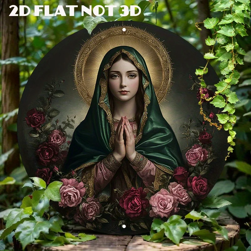 

2D Flat, Round Aluminum Wall Art Decor - Hyper-Realistic Holy Mary with Praying Hands, Floral Halo Design, Green & Pink Attire