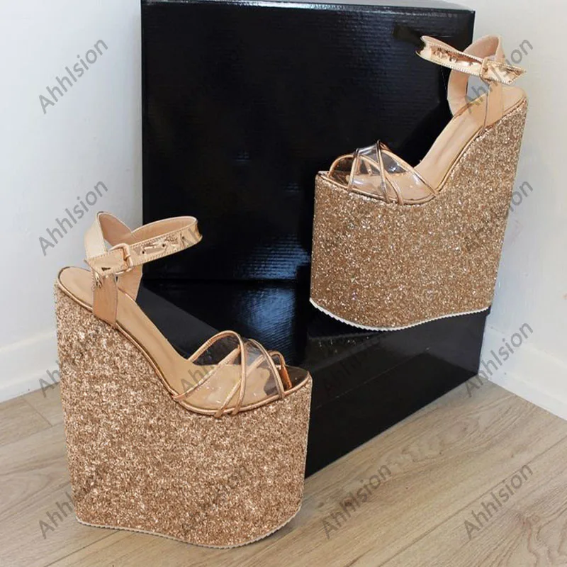 Ahhlsion New Women Ankle Strap Sandals Glitter Wedges High Heel Open Toe Gorgeous Gold Champagne Shoes Ladies US Plus Size 4-15