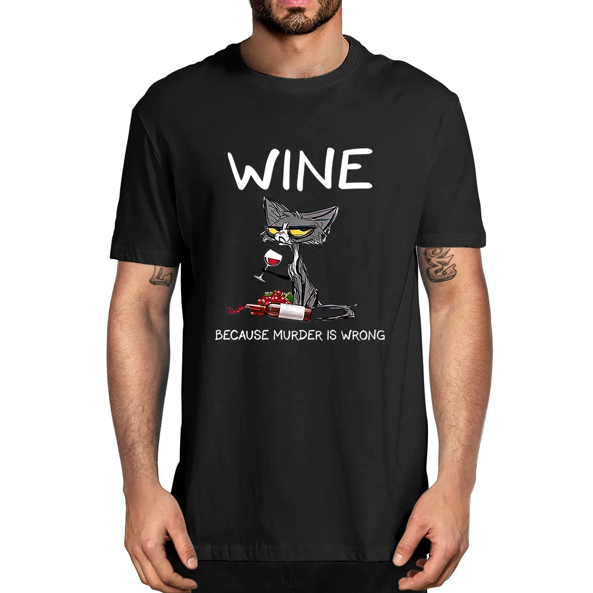 100% Cotton Black Cat Wine Because Murder Is Wrong Funny Men's Novelty T-Shirt Women Casual Streetwear Soft Top Tee Harajuku