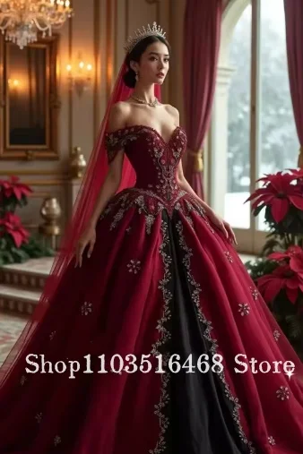 2025, A-Linie, Vintage-Gothic-Hochzeitskleid, Burgunderrot und Schwarz, langes mittelalterliches Brautkleid, Spitzenapplikationen, Perlen, Vestido, individuell gestaltet