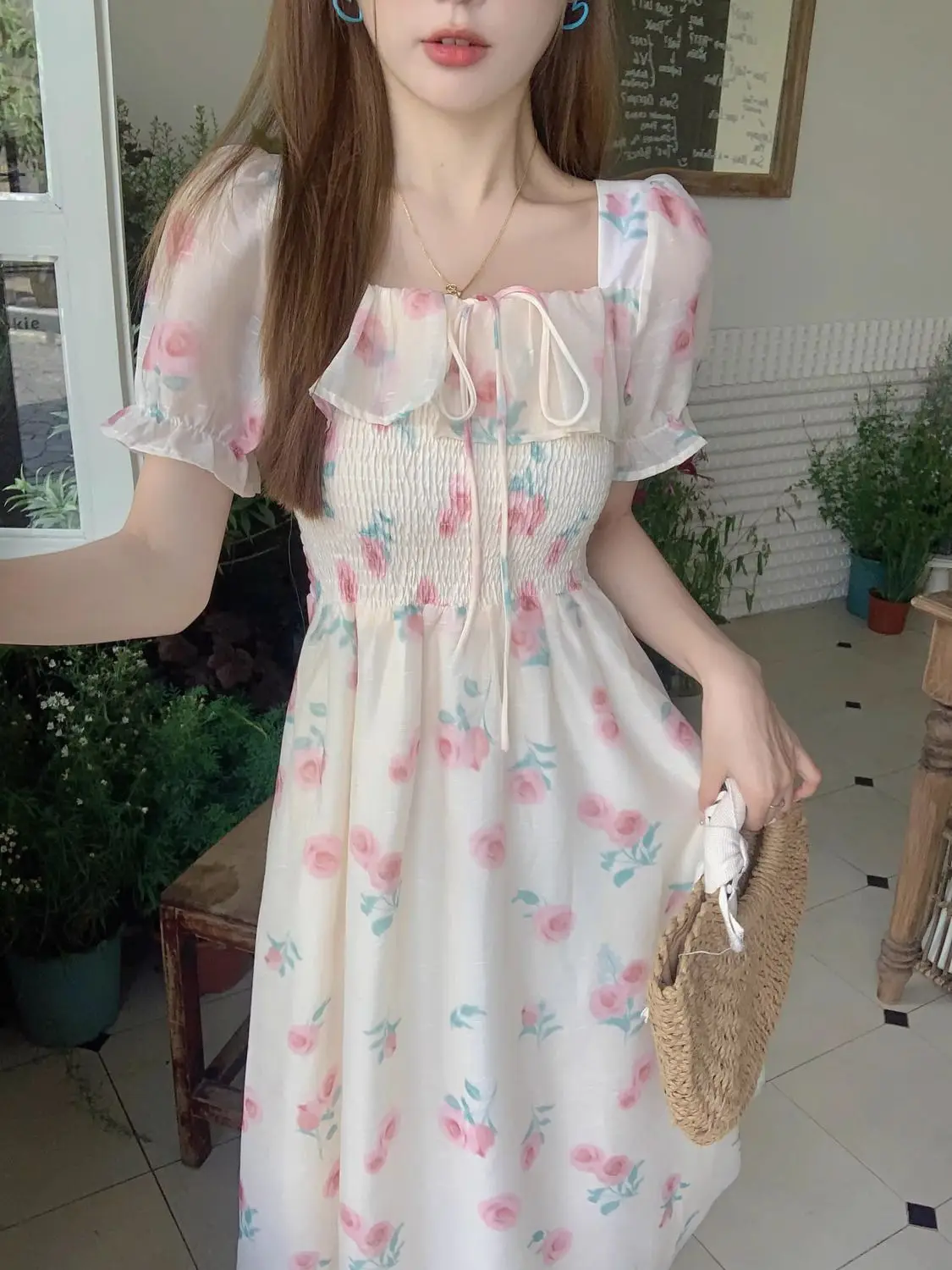 First Love Puff Sleeve Platycodon Floral Dress New Style Waist-covering